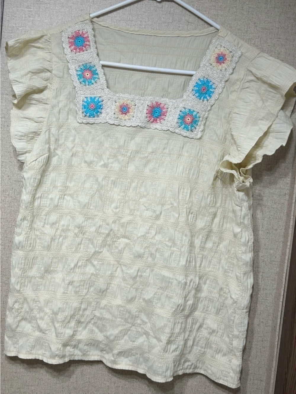 Cream Crochet-Trim Flutter Sleeve Tunic Top